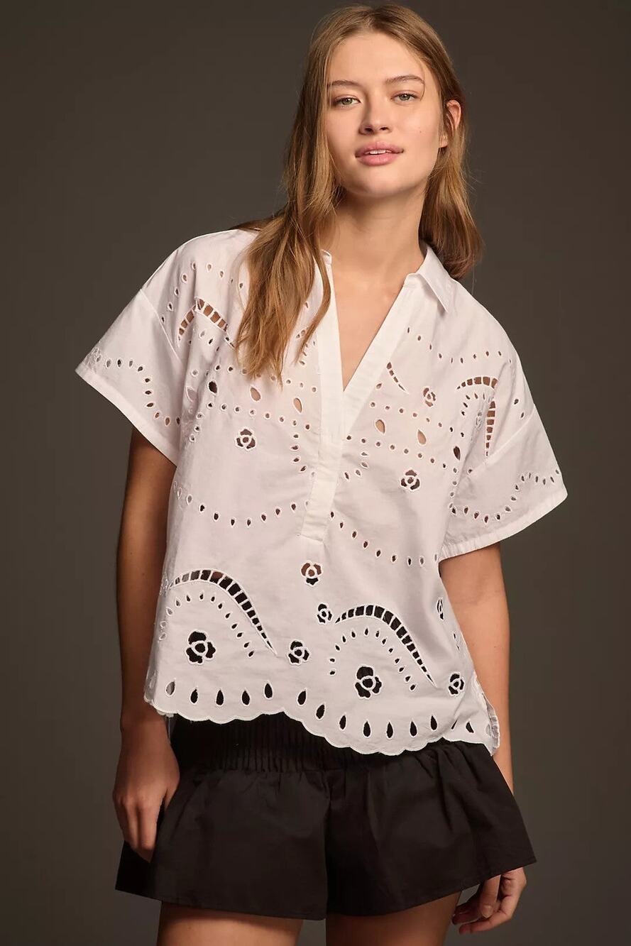 Maeve Short-Sleeve Boxy Eyelet Popover Cotton Blouse - S